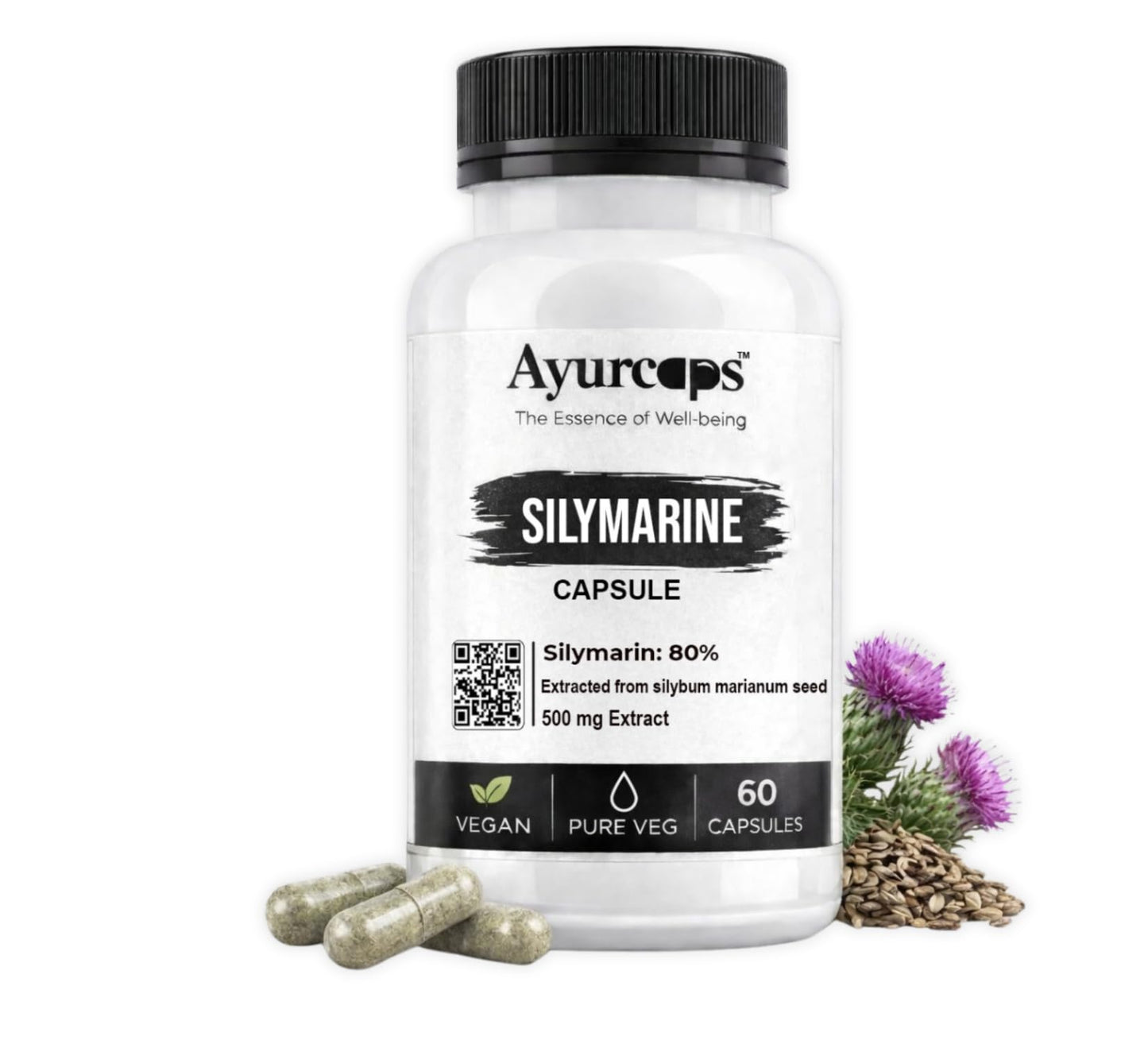 Ayurcaps Silymarin (Milk Thistle) 500mg 60 Veg Capsules | Standardized Milk Thistle Extract For Liver Support, Antioxidant Support And Digestive Wellness | Herbal Supplement | No Preservatives
