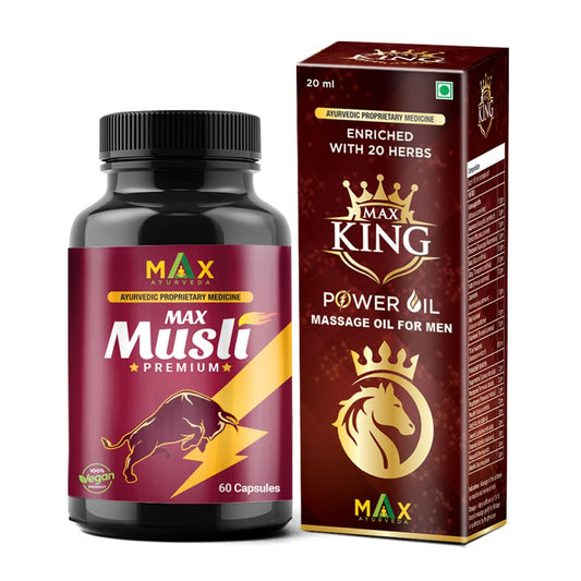 Max Ayurveda Musli Premium Capsules & King Power Ayurvedic Herbal Massage Oil Fo