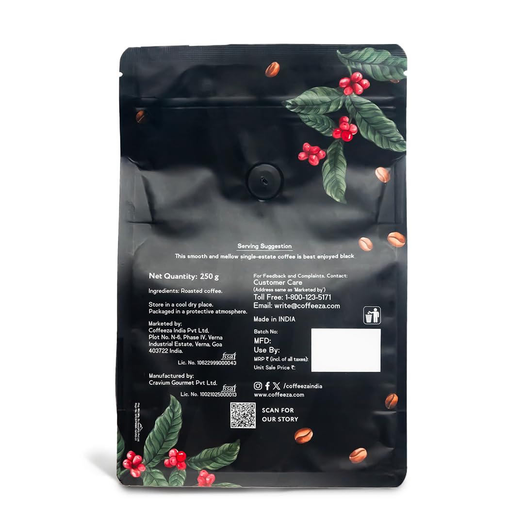 COFFEEZA Ground Coffee - Fine Grind - Mysore Nuggets Single Estate - 250g - Dark Roast 100% Arabica Ground Coffee Powder