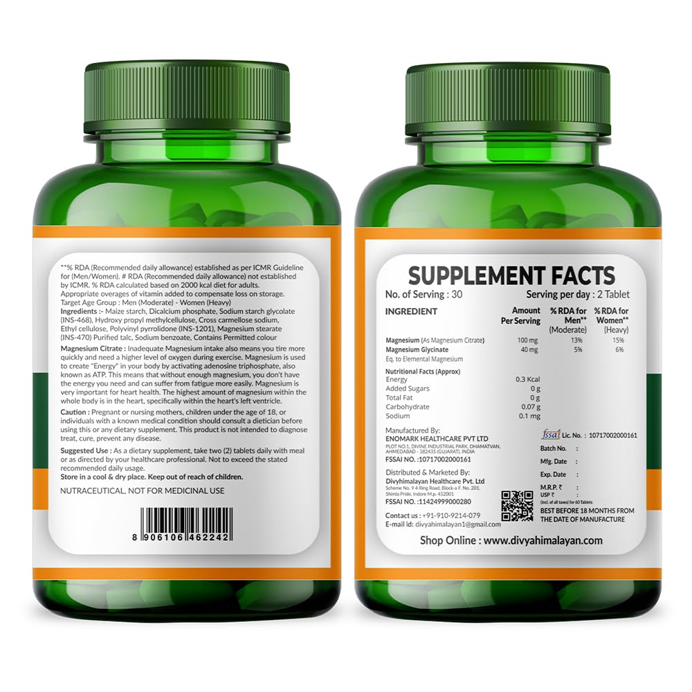 Divya Himalayan Magnesium Glycinate | Muscle, Bone & Nerve Support | 60 Vegan Tablets | High Absorption, Non-GMO, Gluten-Free