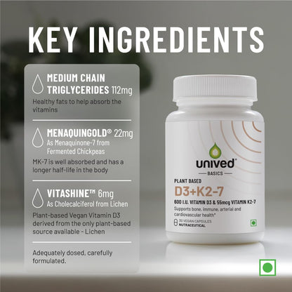 Unived Basics D3+K2 (MK-7) | Vitamin D3 600 IU & Vitamin K2-7 (MenaquinGold) 55mcg | Immunity, Heart, Muscle, & Bone Health | Plant-Based & Natural | 30 Capsules