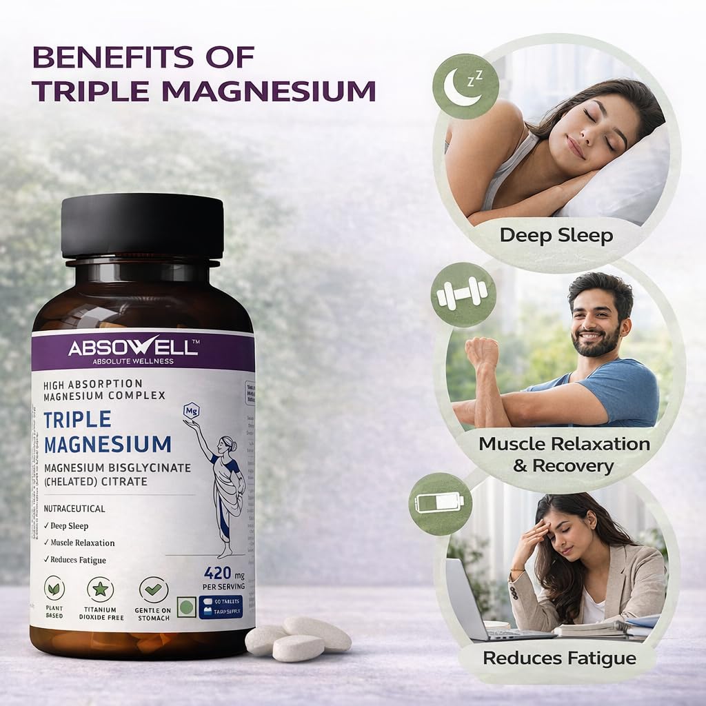 Absowell Magnesium Supplement Triple Complex - Glycinate, Malate & Citrate - High Absorption Capsules for Sleep, Muscle Support & Energy - Gentle on Stomach - 420 mg - Plant-Based - 90 Capsules