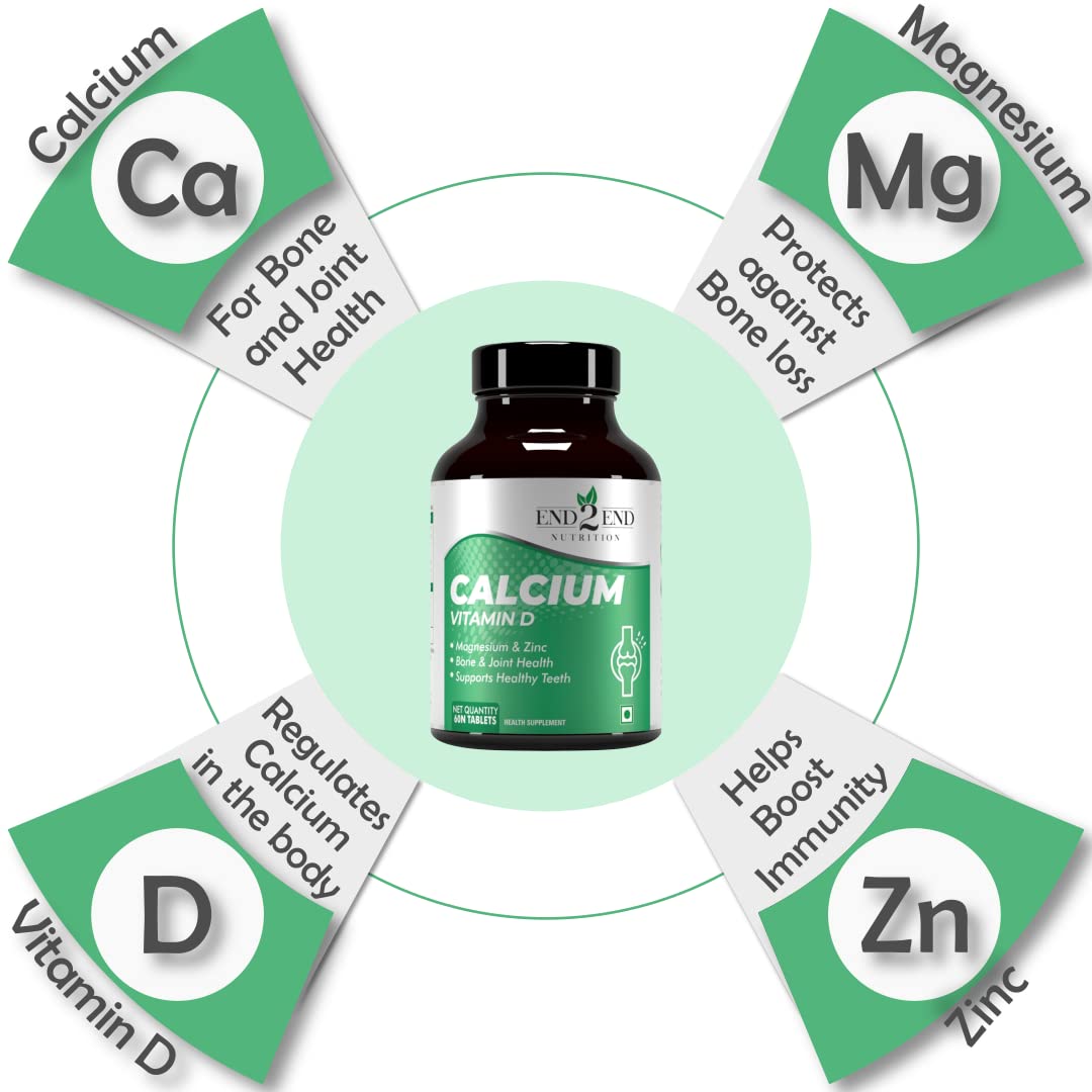 End2End Nutrition Calcium Tablets for Men and Women with Magnesium Zinc Vitamin D for complete bone health & Joint Support - 180 (Pack of 3)
