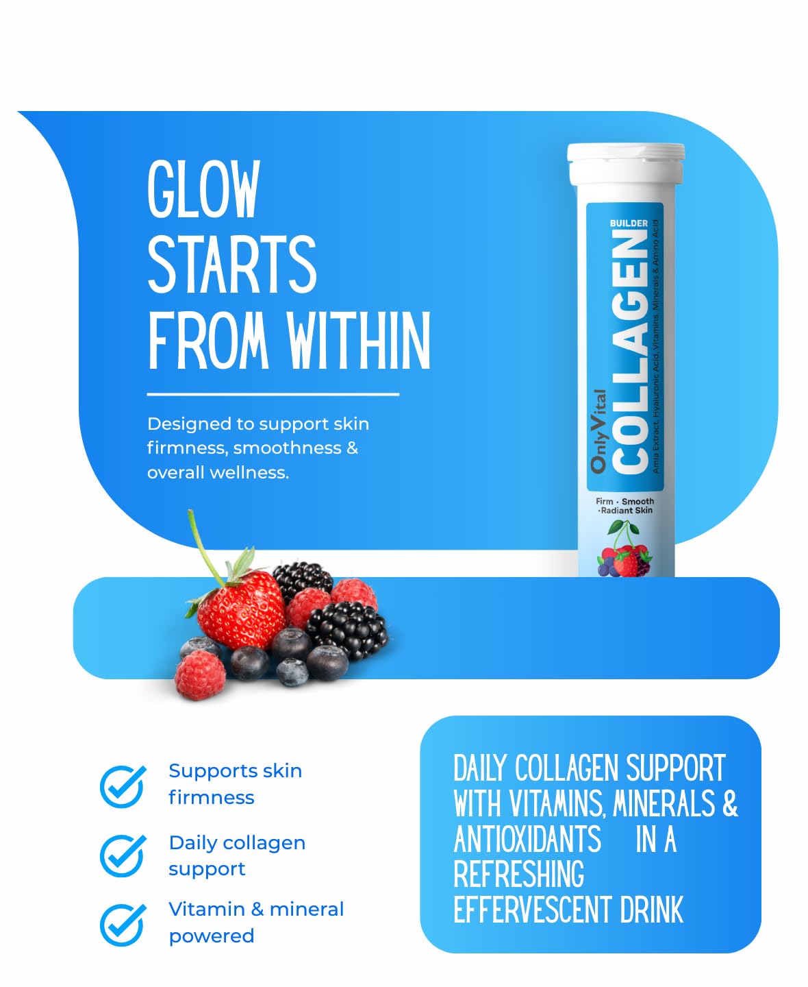 OnlyVital Collagen Builder Effervescent Tablets with Amla Extract, Hyaluronic Acid, Vitamins, Minerals & Amino Acids | Firm, Smooth & Radiant Skin Support | Mixed Berry Flavour | 3o Tablets