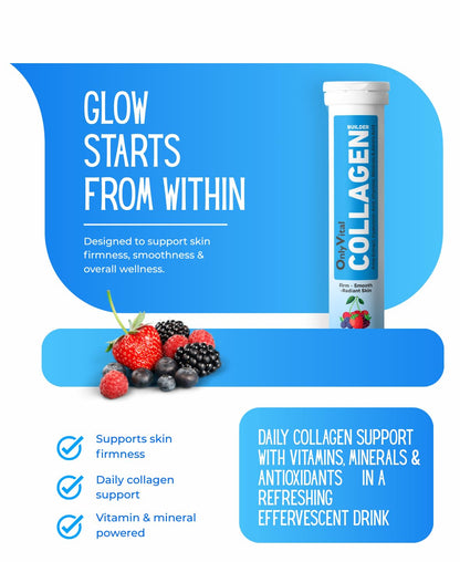 OnlyVital Collagen Builder Effervescent Tablets with Amla Extract, Hyaluronic Acid, Vitamins, Minerals & Amino Acids | Firm, Smooth & Radiant Skin Support | Mixed Berry Flavour | 3o Tablets