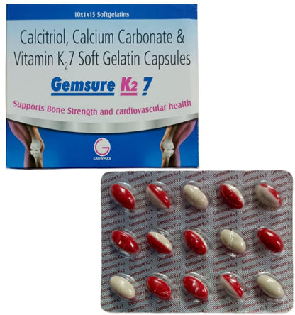 Gemsure K2 7 Calcitriol, Calcium Carbonate & Vitamin K2-7 Soft Gelatin Capsules, 15 Count, for Bone Strength.pack of-1