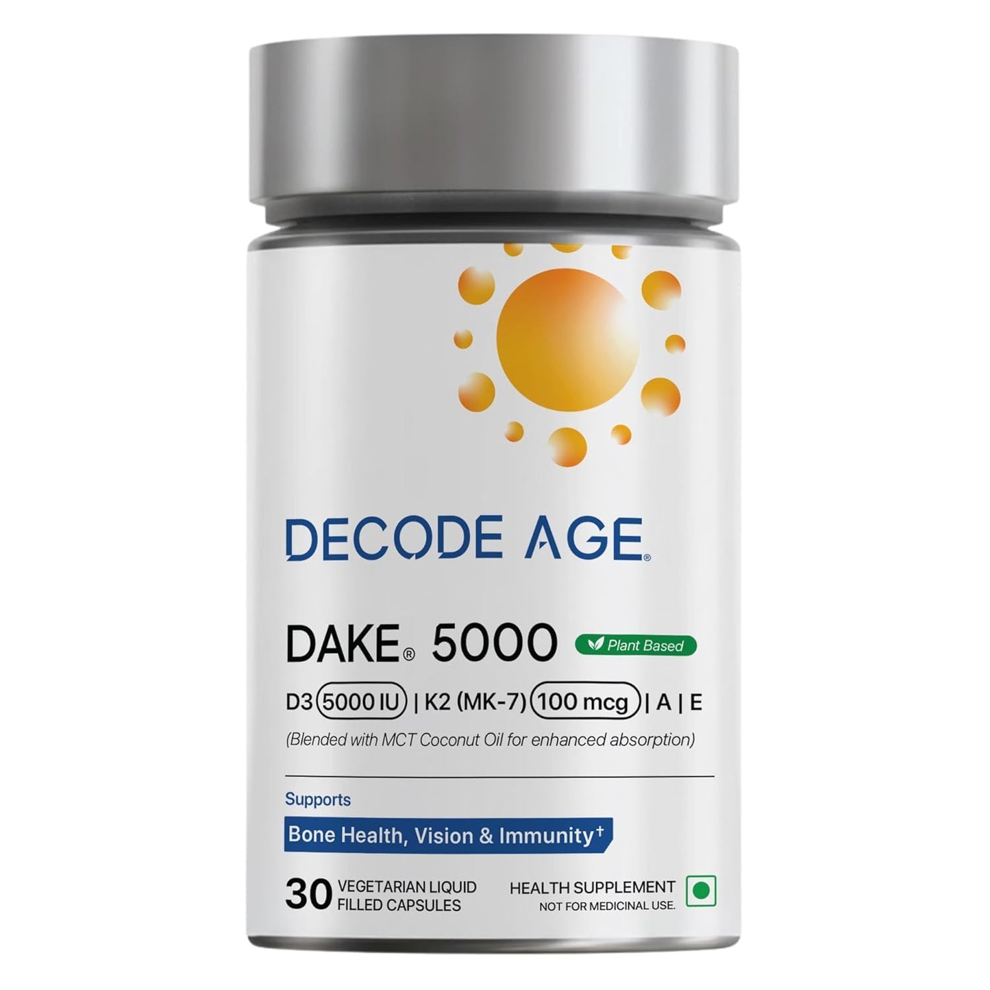 Decode Age DAKE 5000 IU | Vitamin D3 K2 Supplement with Vitamins E & A in MCT Oil for Bone, Immune, Heart and Vision Support | Vegan Capsules | 30 Vegan Capsules