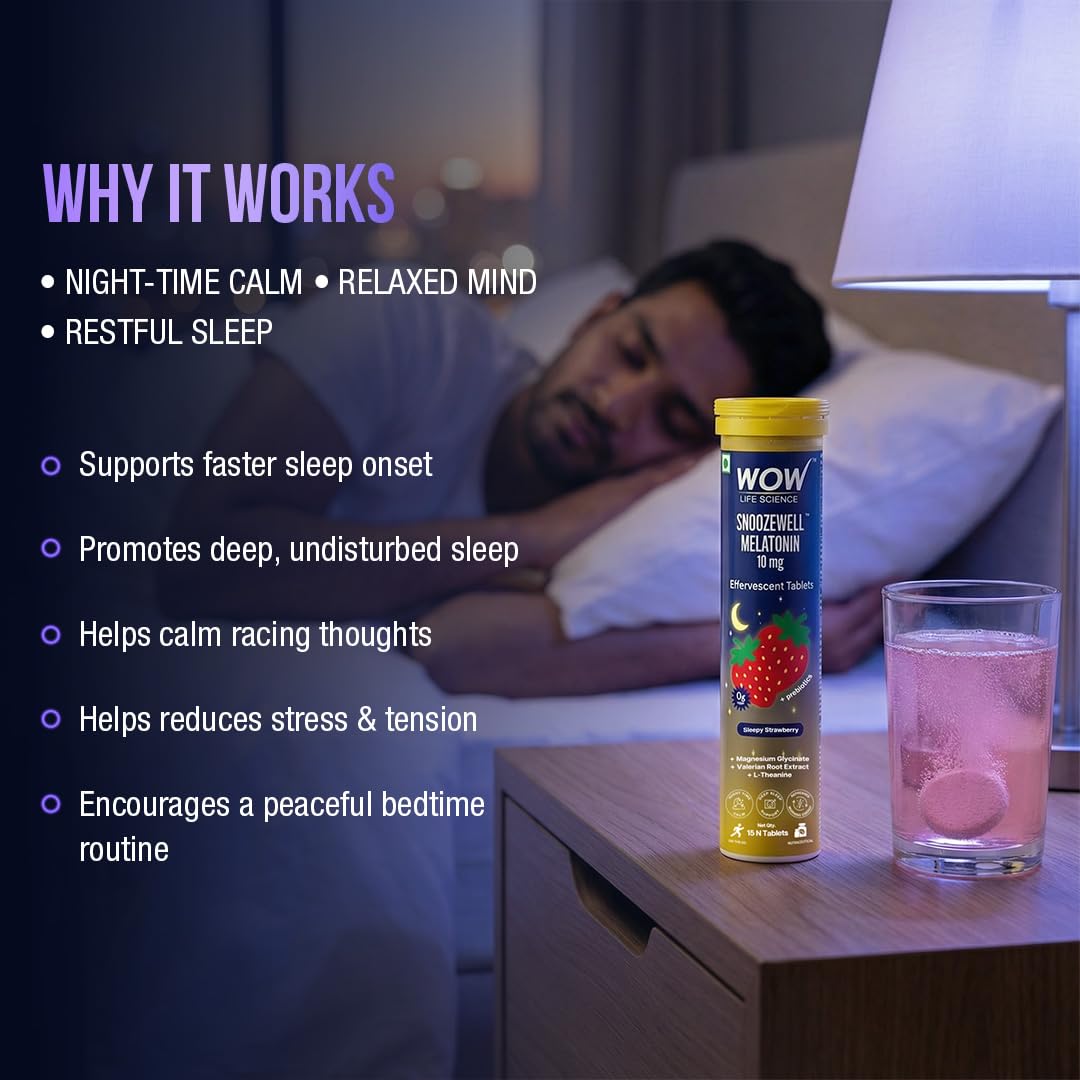 WOW Life Science Snoozewell Melatonin 10 mg Effervescent Tablets | Night-Time Sleep Drink with Magnesium Glycinate, Valerian & L-Theanine | Zero Sugar Gentle Sleep Support, Calm Mind & Deep Rest | Sleepy Strawberry | 15 Tablets
