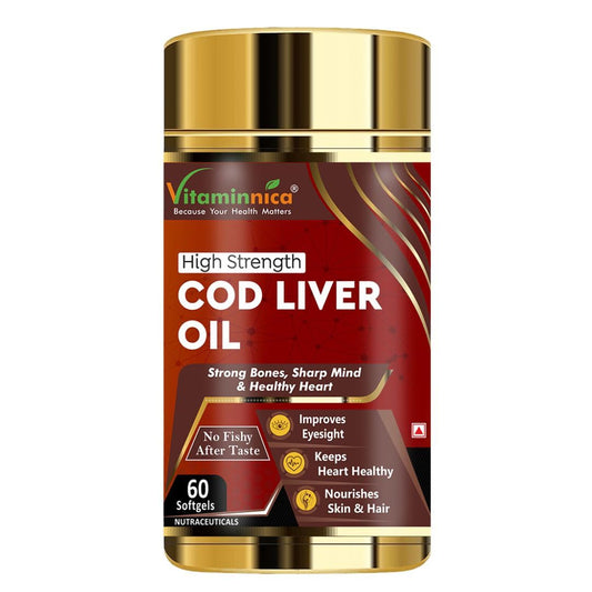 Vitaminnica Norwegian Cod Liver Oil 1000mg Softgels – Natural Omega-3 with Vitamins A & D, Supports Heart Brain & Immune Health, Deep Sea Source, 60 Softgels