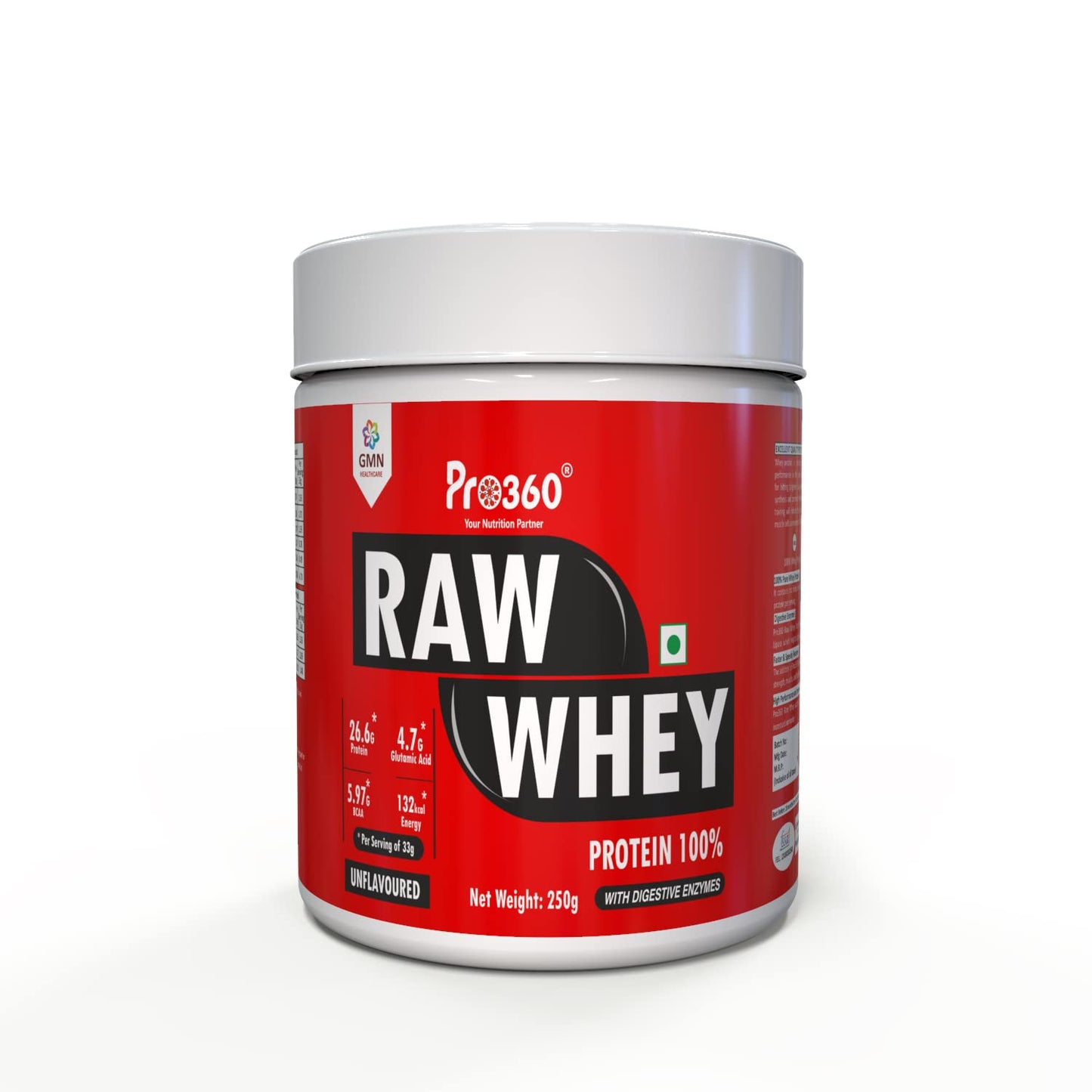 Pro360 Raw Whey Protein – Unflavoured, 250g, 26.6g Protein + 5.97g BCAA per Serving