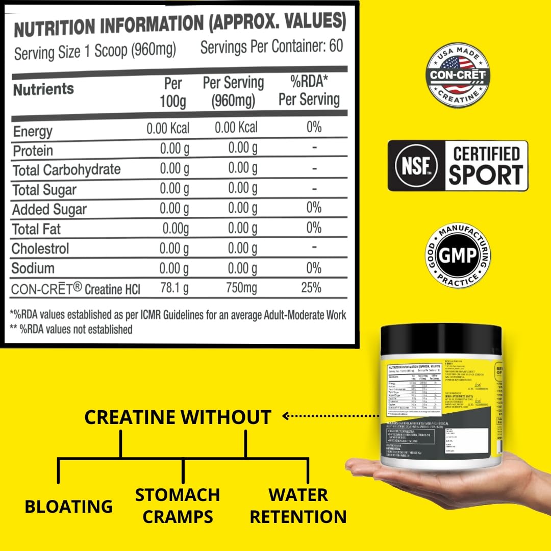 CON-CRET Concentrated Creatine HCL - supports Muscle, Cognitive, Cellular Energy | No Bloating or Cramps | USA Made & NSF Certified | 60 Micro-dosed servings | Pineapple Flavour (57.6gms)