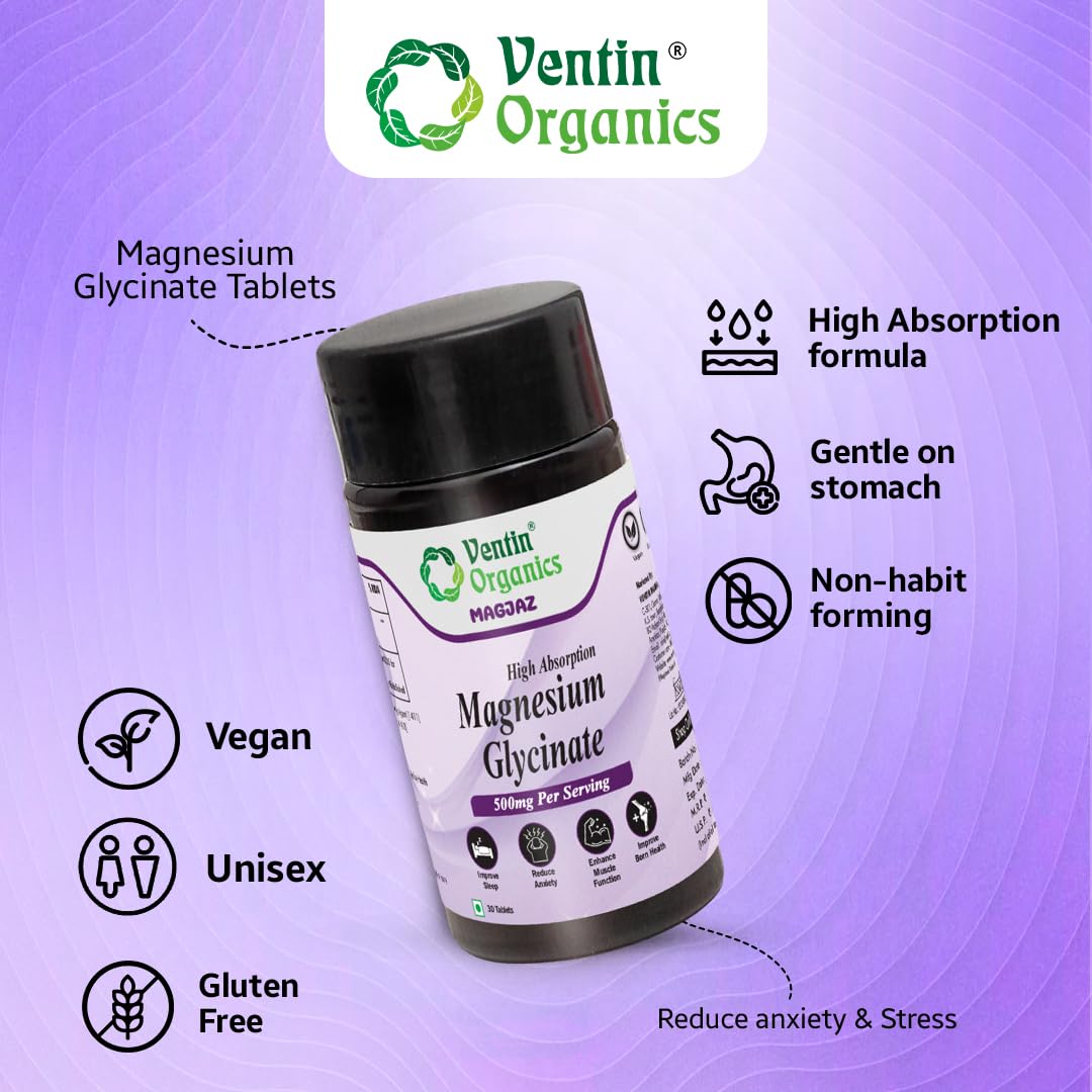 Ventin Organics Magjaz Magnesium Glycinate Tablets | 30 Count | High Absorption Formula | Supports Muscle Function, Sleep Regulation, Bone & Nerve Health