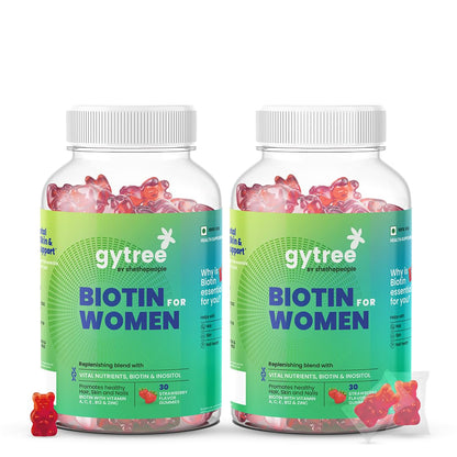 Gytree Biotin Gummies for Complete Hair, Skin & Nail Support | With Vital Nutrients, Inositol & Vitamin C, A, E, B6, Folate, Zinc | Strawberry Flavour | No Gelatin, No Soy, Lactose Free (60 gummies)