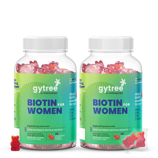 Gytree Biotin Gummies for Complete Hair, Skin & Nail Support | With Vital Nutrients, Inositol & Vitamin C, A, E, B6, Folate, Zinc | Strawberry Flavour | No Gelatin, No Soy, Lactose Free (60 gummies)