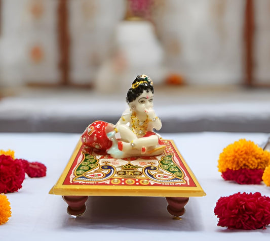 Purpledip Marble Statue Lord Krishna: Painted Makahan Chor Idol on Chowki (11566