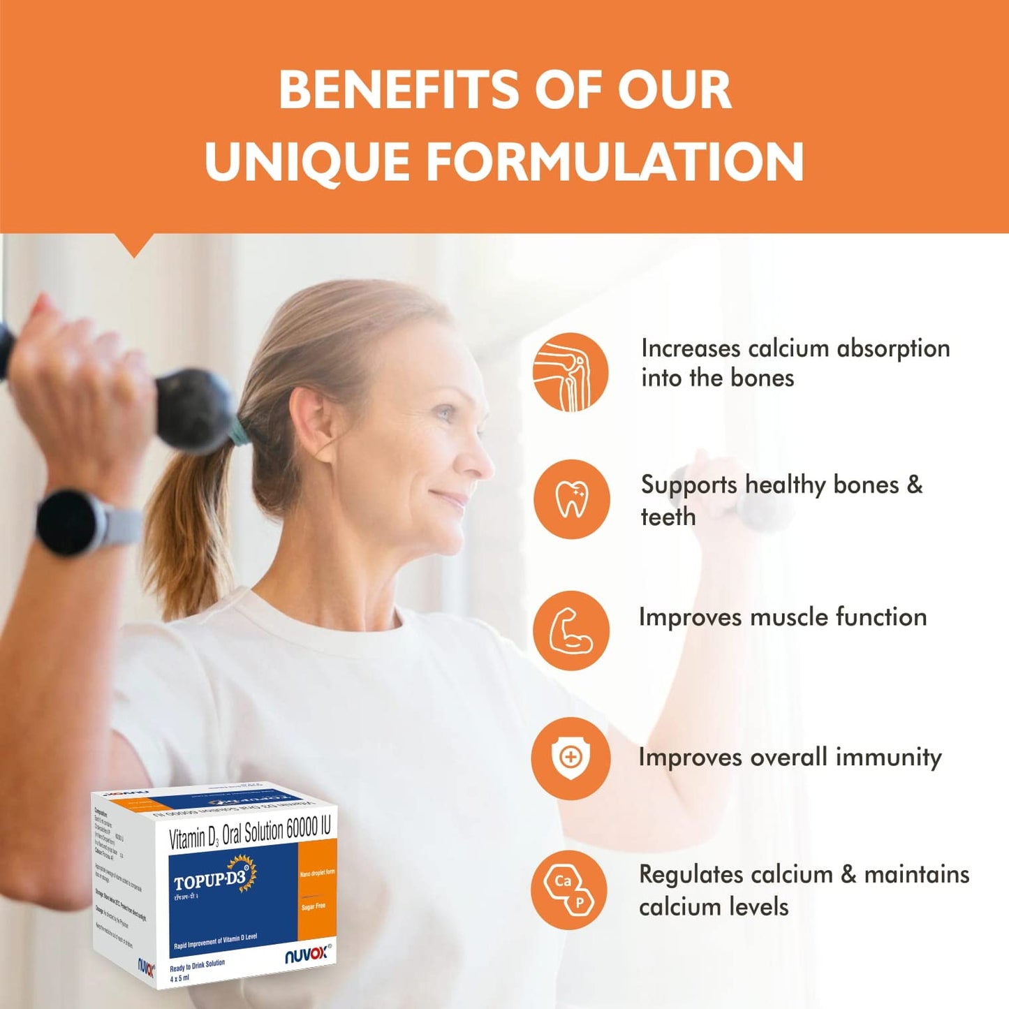 TOPUP D3 – Ready to Drink Vitamin D3 (Cholecalciferol, 60000 IU) | Nano Shots for Immunity, Healthy Bones & Strong Muscles | Sugar Free Nano Shots | Pack of 4 shots of 5 ml each