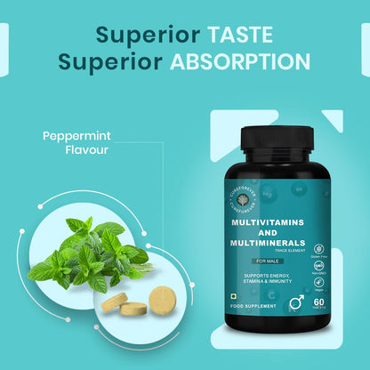 CUREFOREVER Multivitamin Tablet for Men (60 Tablets) | Multivitamin & Multimineral with 27 Key Nutrients – Vitamin C, D3, K2, B12, Biotin & Zinc | Energy, Stamina & Immunity Support