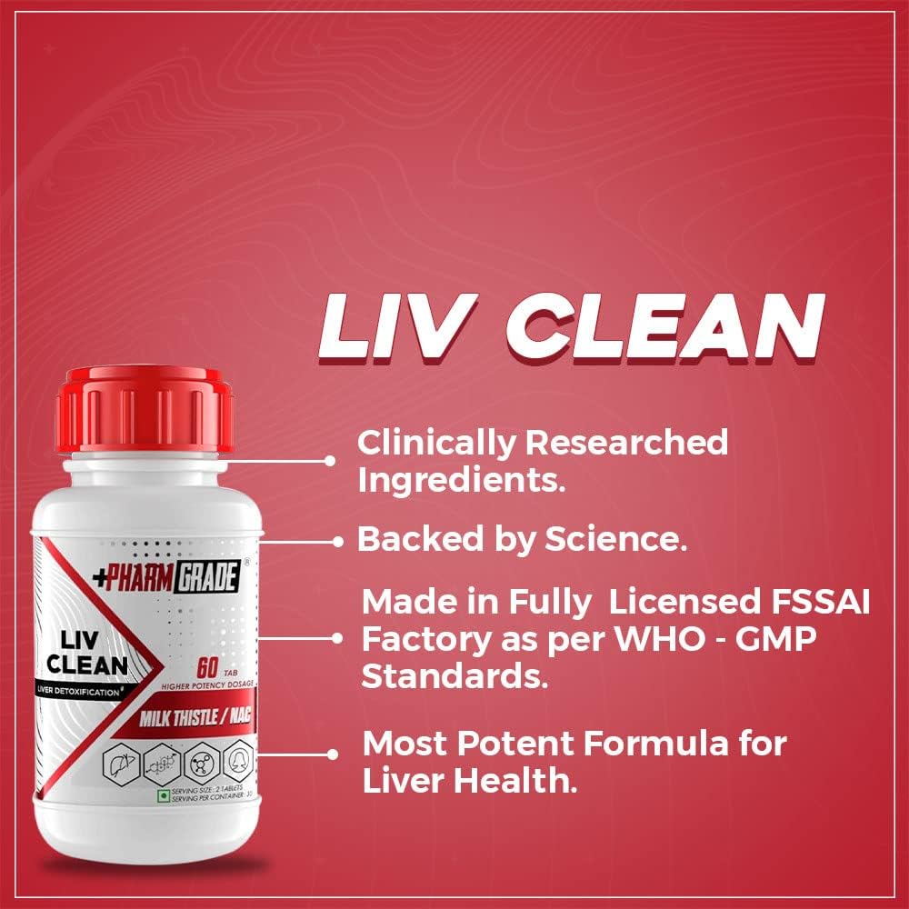 Pharmgrade LIV Clean Liver Detox With Milk Thistle 500mg | N- Acetyl Cysteine (NAC) 500mg | Pumpkin Seed Extract 100mg | L-Ornithine Aspartate 50mg | Kalmegh 50mg | Dandelion 50mg For Overall Liver Protection