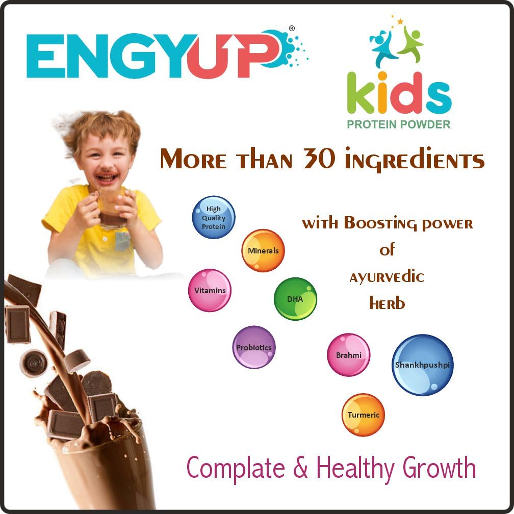 ENGYUP Kids Protein Powder | Nutritional & Health Supplement for growing Children | Quality Protein, DHA, Brahmi, Shankhpushpi, Curcumin, Pre & Pro-biotic | Chocolate Flavor | 200g