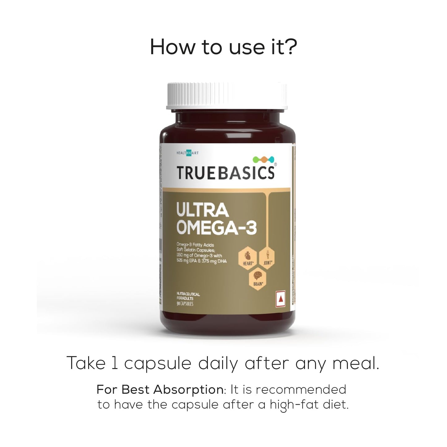 TrueBasics Ultra Omega 3 Fish Oil (90 Capsules) | Triple Strength with 1150mg Omega 3, 525mg EPA & 375mg DHA | For Heart, Joints & Brain Health