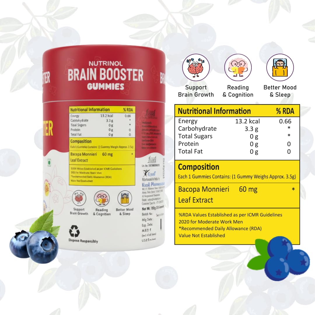 Knoll Healthcare Nutrinol Brain Booster Gummy Bacopa Monnieri | Boosts Memory, Focus & Concentration | Brain Fog Support | Improve Quality of Life Bacopa monneieri 60mg |Blueberry Flavour 30 Gummies