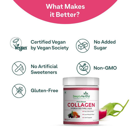 Simply Herbal Plant Based Collagen Powder Natural Peptide Builder Supplement Drink With Vitamin C, Silica, & Biotin For Skin Hair Nail Health Promote Bone Joint Function for Men & Women – 150 gm