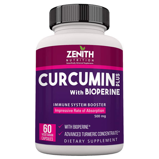 Zenith Nutrition Curcumin Plus with Piperine 500 mg - 60 Veg Capsules | Lab tested | Immune & Joint Support | Superior Turmeric Extract | Maximum Absorption