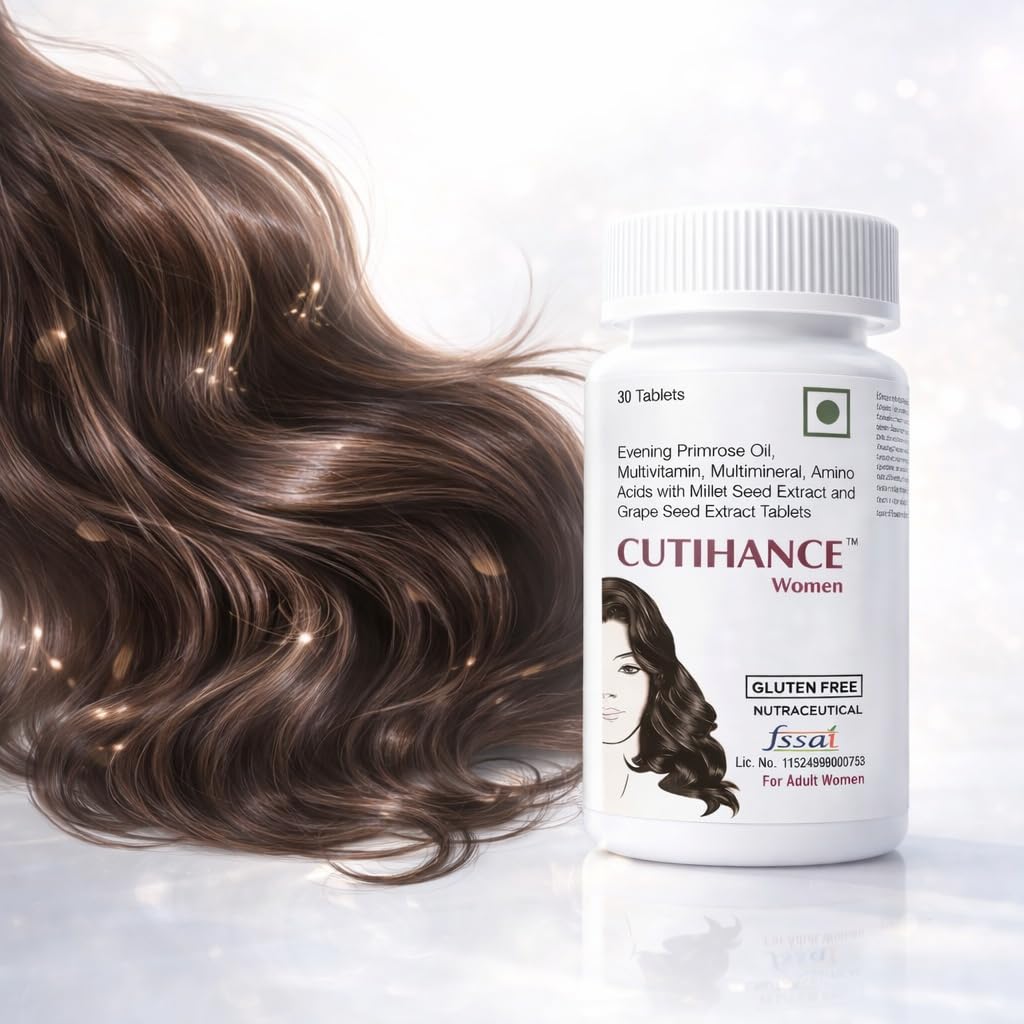 Cutihance Tablet, Hair Growth Supplement Complex with Evening Primrose Oil, Multivitamin, Multimineral, Amino Acids, Grape Seed Extract, Beta-Sitosterol, Tablets, For Strong and Shiny Hair (Women)