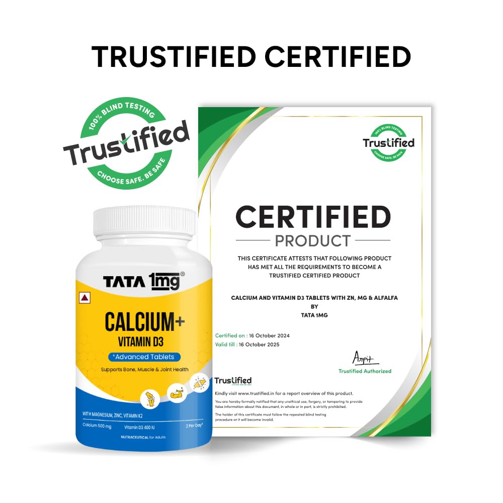 TATA 1mg Calcium & Vitamin D3 supplement with Zinc, Magnesium & Alfalfa | High absorption Calcium Citrate Malate form | 500mg Calcium & 400iu Vitamin D3 | For strong bones & joints | 60 tablets