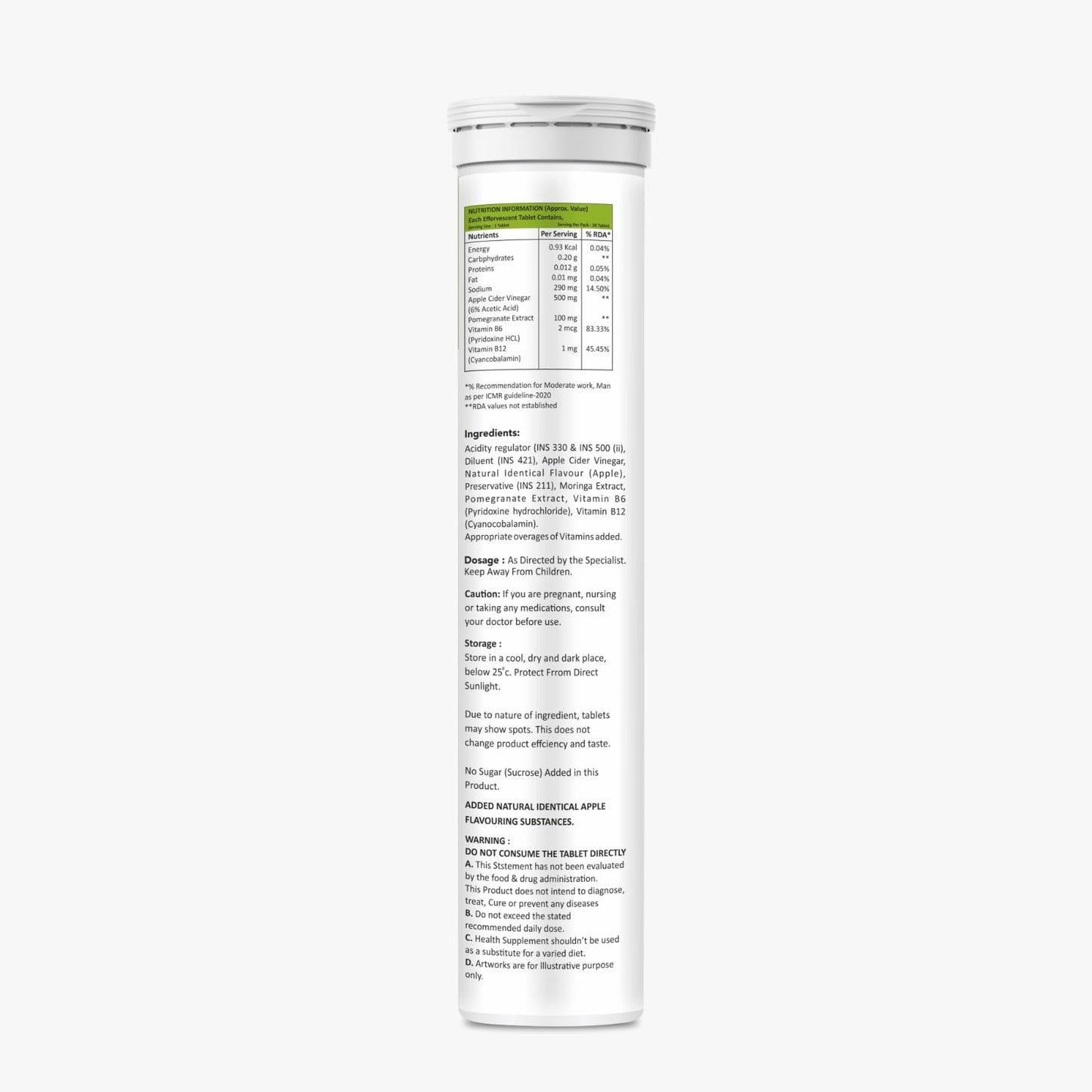 Haleness Care Apple Cider Vinegar Effervescent Tablet with mother | Supports Metabolism & Appetite Control I With 500mg ACV, Vit B6 & B12 I No Maltodextrin, No Added Sugar I (Pack of 1 ( 20 Tabs), Moringa)