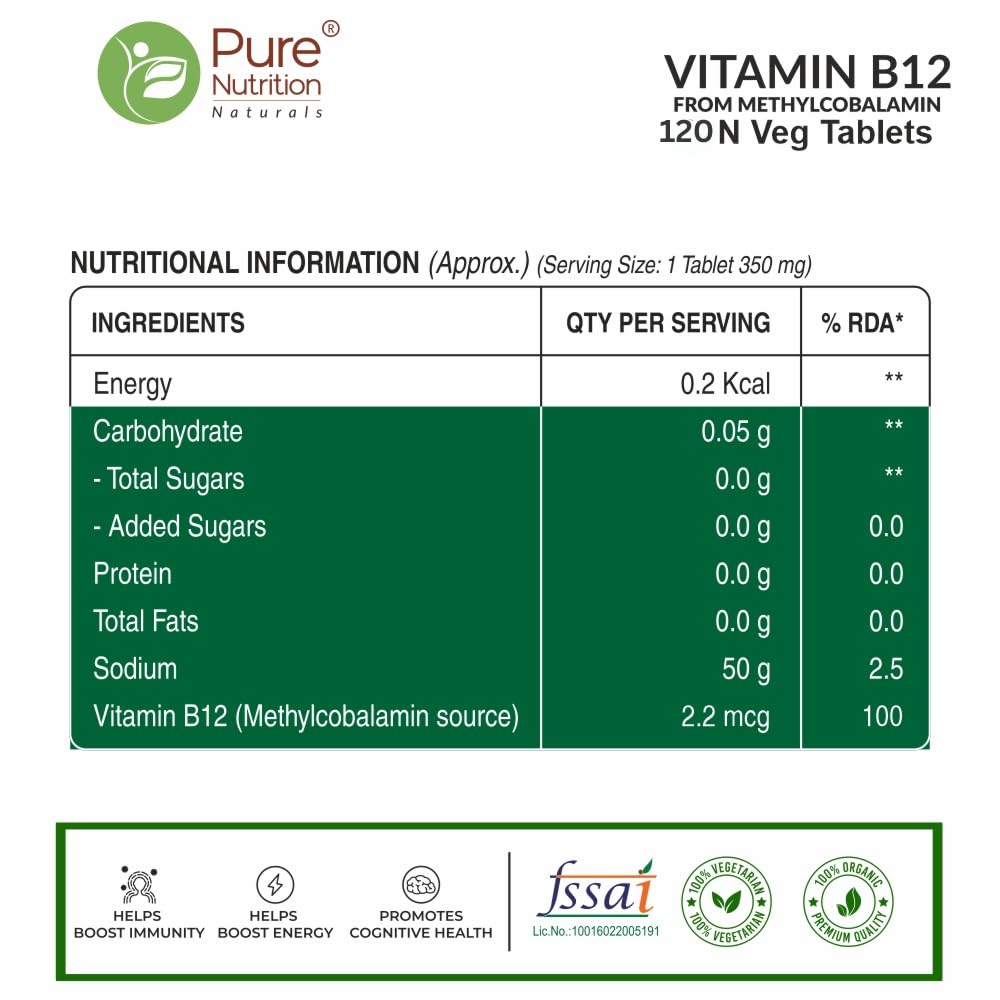 Pure Nutrition Vitamin B12 Tablets | Active form of Methylcobalamin B-12 Supplement for Men & Women | Helps Boost Immunity & Energy | Promotes Brain & Nerve Health - 120 Veg Tabs