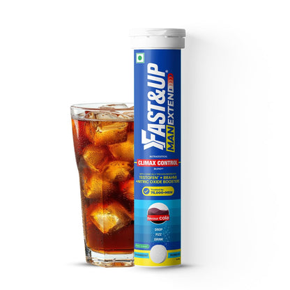 Fast&Up Man Extend | Testofen® Fenugreek Extract |Nitric Oxide Booster + Energizing Blend | Shatavari | Brahmi| Helps Improve Vitality & Stamina | Pack of 20 Effervescent (Cola Flavour)