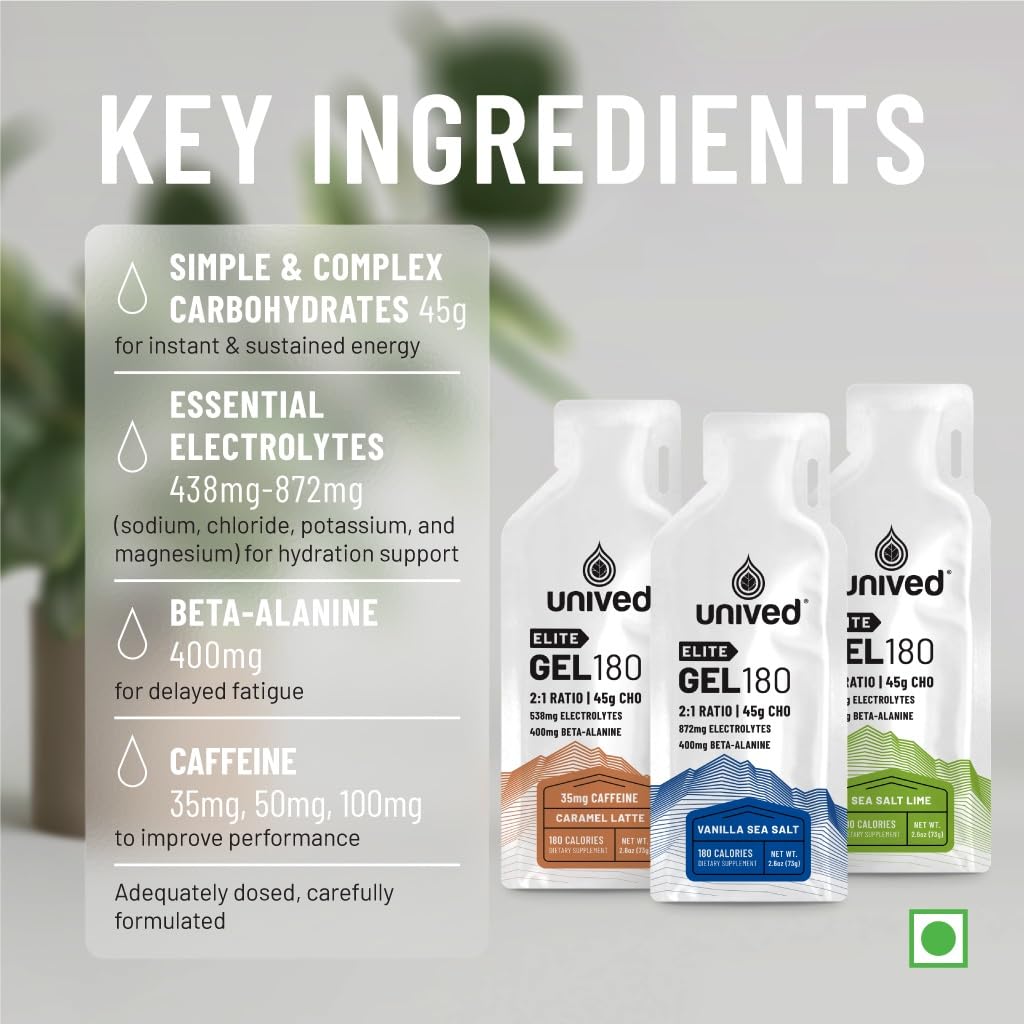 Unived Elite Gel, 2:1 Carbohydrate Ratio, 45g Carbs, Beta-Alanine, Sodium Bicarbonate, & Essential Electrolytes, 190kcal & Gluten-Free (Cocoa Sea Salt - 50mg Caffeine - 6 Pack)
