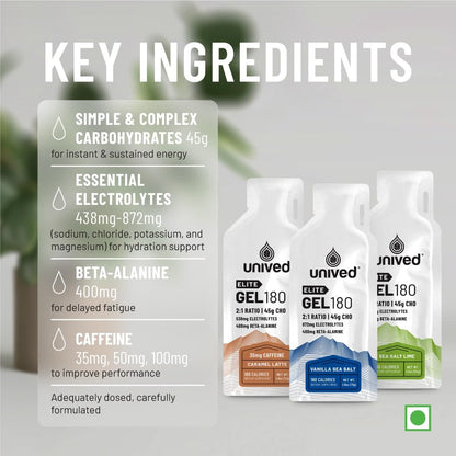 Unived Elite Gel, 2:1 Carbohydrate Ratio, 45g Carbs, Beta-Alanine, Sodium Bicarbonate, & Essential Electrolytes, 190kcal & Gluten-Free (Cocoa Sea Salt - 50mg Caffeine - 6 Pack)