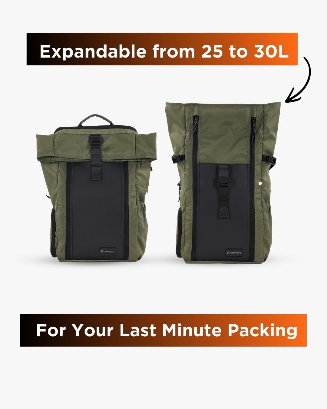 CarryPro HOBO25 V3.0 Roll-Top Zipper Laptop and Camera Travel Backpack (25-30L), Removable Camera Box, Water-Resistant + Raincover, 2-Yr Warranty – For Work, College & Travel (Olive Green)