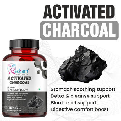 Raskam Activated Charcoal 600mg – Natural Detox & Digestive Cleanser | Supports Bloating Relief & Gas | 120 Vegan Tablets