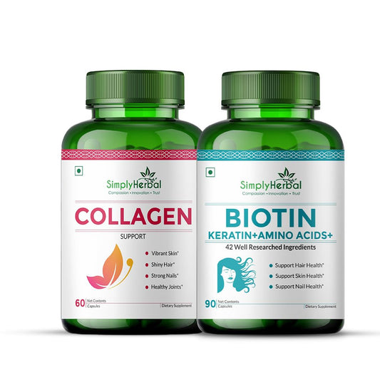 Simply Herbal Natural Biotin + Collagen Builder Supplement Capsules for Natural Glowing Skin Face & Hair Health Also Promote Bone Joint Health