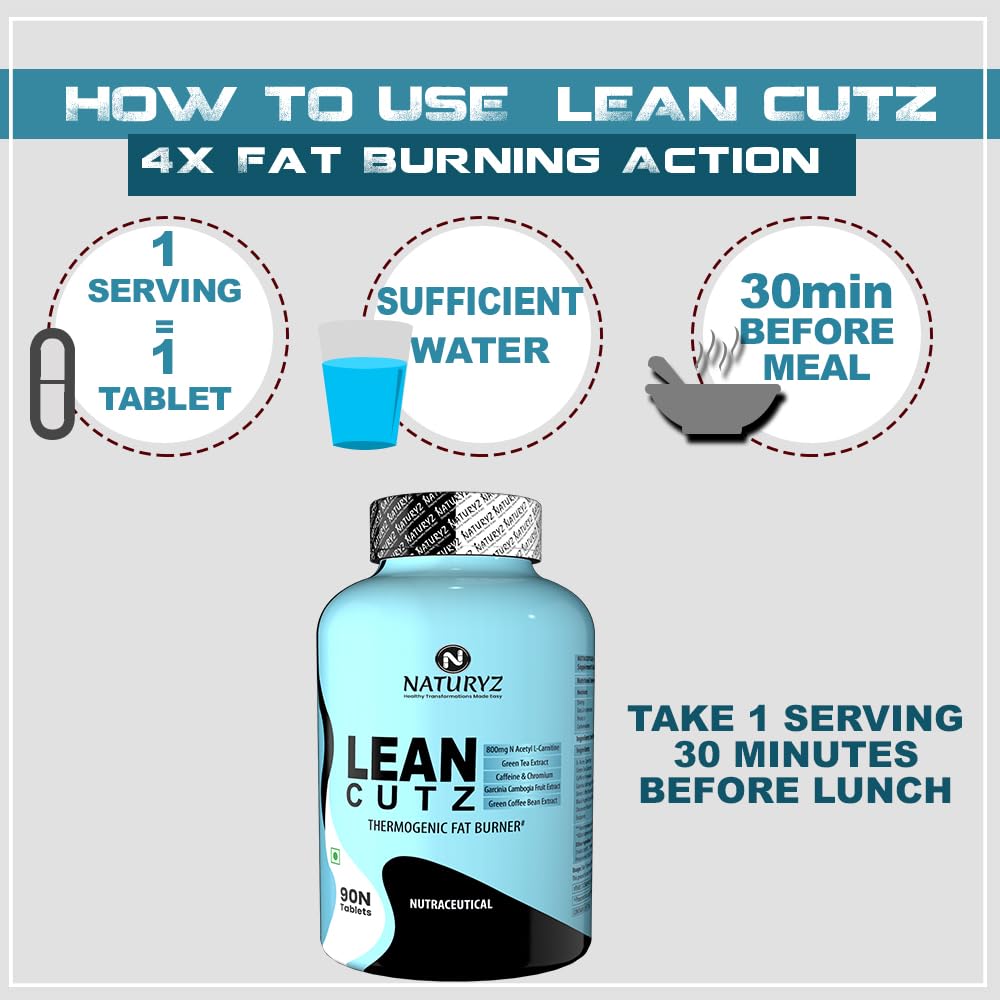 Naturyz LEAN CUTZ Thermogenic Fat Burner with Acetyl L Carnitine, Green tea Extract, Garcinia Cambogia, Green Coffee Bean Extract, Caffeine & Chromium Weight loss product for Men & Women - 90 Tablets
