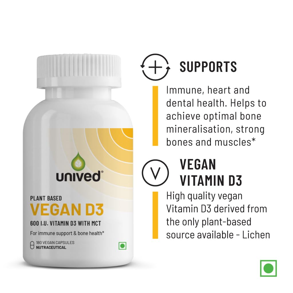 Unived Plant-Based Vegan Vitamin D3 from Lichen with Medium Chain Triglycerides (Capsule, 180 Servings)