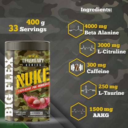 Bigflex Nuke Pre Workout Powder| 33 Servings |Energy Booster (Lychee, 400Gm)