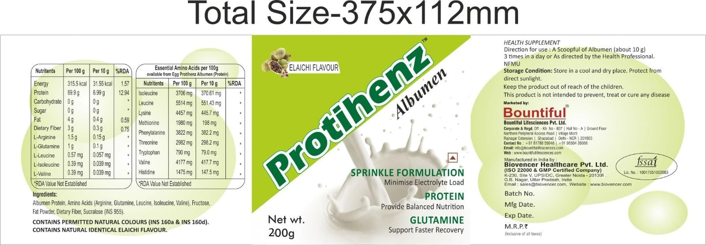 Protihenz Albumen Elaichi Flavour Protein Supplement, 200g, Sprinkle Formulation with Glutamine