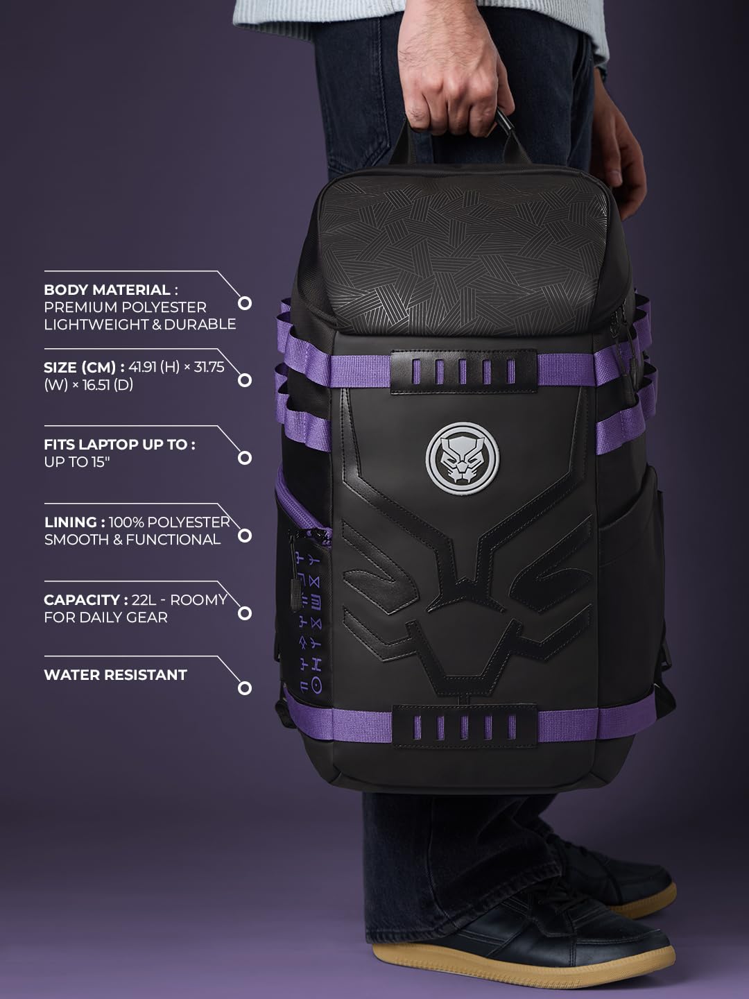The Souled Store Marvel Black Panther: Tactical Backpack | 22L Laptop Bag (Fits 16 Inch) | Water-Resistant Polyester with Reflective Badge & Luggage Strap