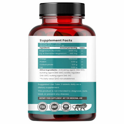 Pure Magnesium Glycinate - Maximum Strength Chelated Magnesium Supplement for Women and Men for Muscle Cramps, Sleep Support and Nerve Health- 2000mg Per Serving, 120 Vegetarian Tablets