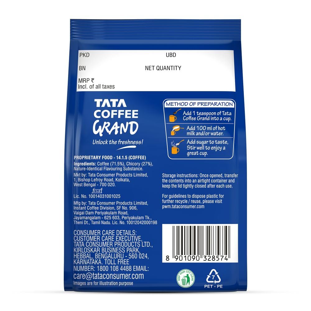 Tata Classic Instant Coffee, 100g Pouch, Chicory Mix With Strong Taste & Rich Aroma, With Flavour Locked Decoction Crystals
