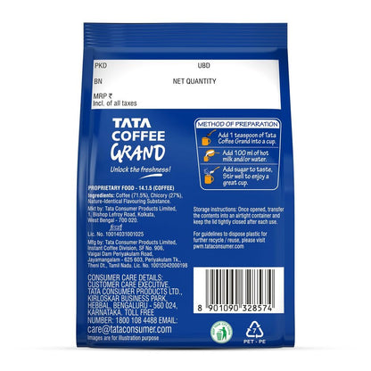 Tata Classic Instant Coffee, 100g Pouch, Chicory Mix With Strong Taste & Rich Aroma, With Flavour Locked Decoction Crystals