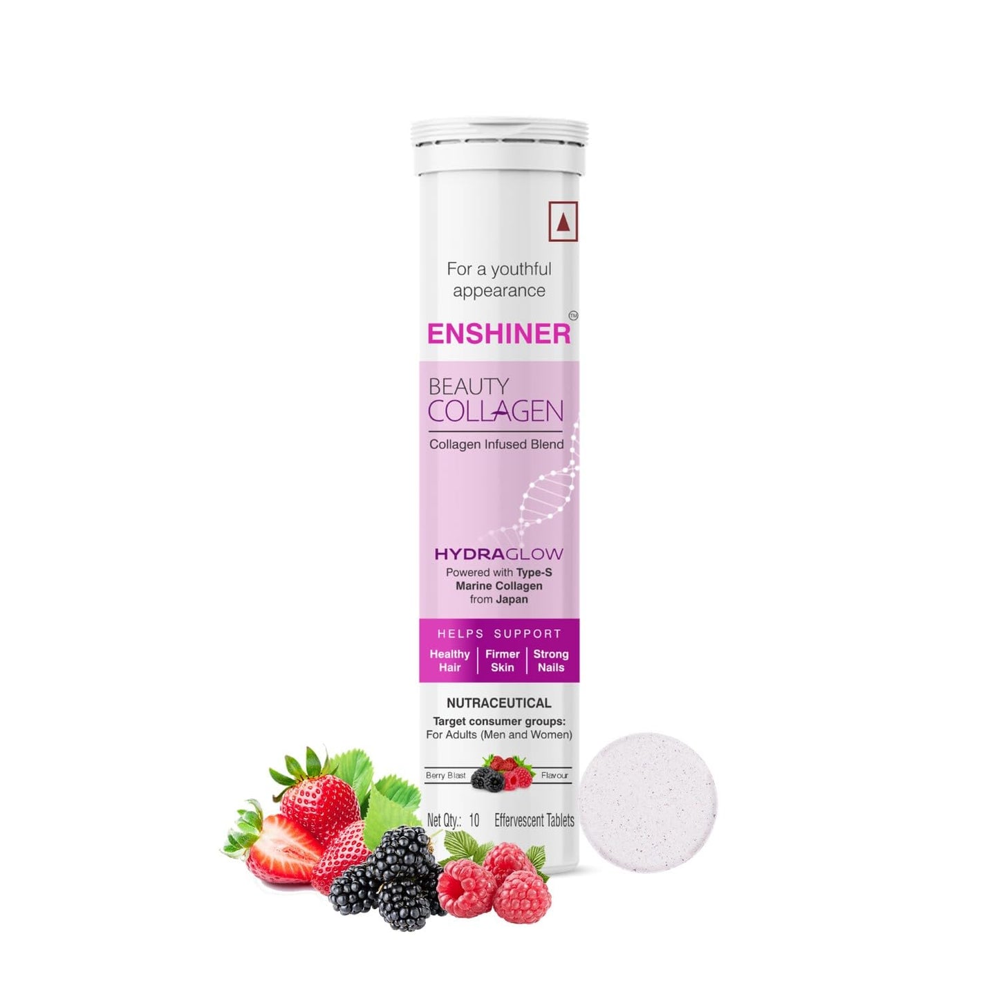 Enshiner Beauty Collagen Effervescent Tablets with Type-S Marine Collagen, Vitamin C & Biotin for Adults | Berry Blast Flavour | Supports Skin Radiance, Hair Growth & Nail Health - 10 tablets