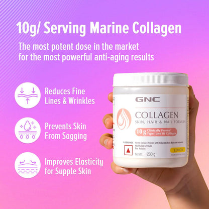 GNC Marine Collagen I India's Only 10g Clinically Proven Collagen (200g) I For Radiant & Youthful Skin|Reduces Fine Lines & Wrinkles|Added Hyaluronic Acid|Biotin & Vitamin C|Orange Flavour-Powder