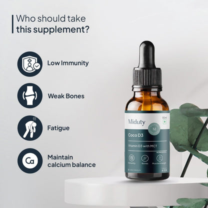 Miduty Coco D3 + K2 Vitamin D3 Oral Solution 600 IU | Cholecalciferol Drops with MK-7 | Supports Strong Bones, Muscles, Joints & Immunity | Enhances Calcium Absorption | 30 ml