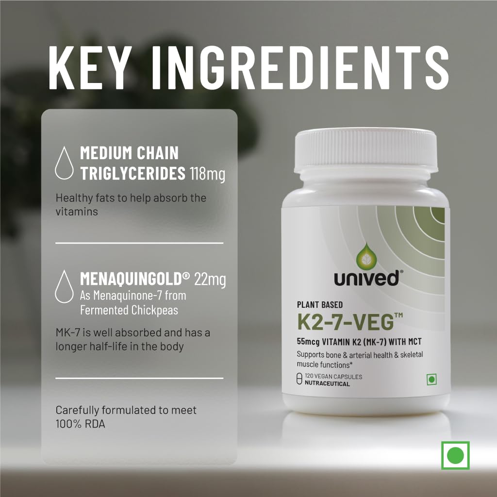 Unived Vitamin K2-7 (MenaquinGold) 55mcg, Plant-Based Vitamin MK-7, For Optimal Calcium Absorption, Heart & Bone Health