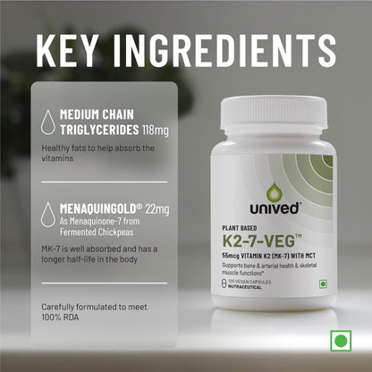 Unived Vitamin K2-7 (MenaquinGold) 55mcg, Plant-Based Vitamin MK-7, For Optimal Calcium Absorption, Heart & Bone Health